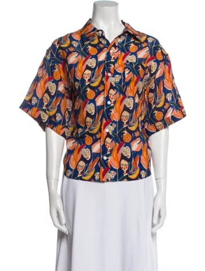 Pre-owned R13 Printed Short Sleeve Button-up Top In Blue