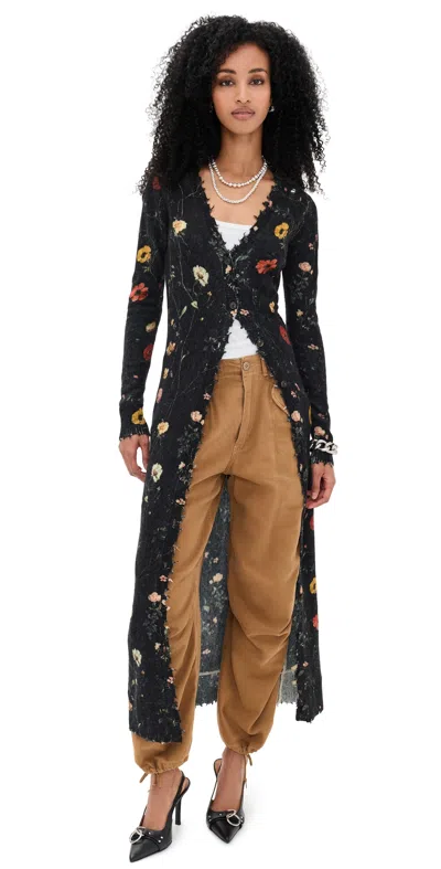 R13 Printed Skinny Long Cardigan Floral On Black In Gray
