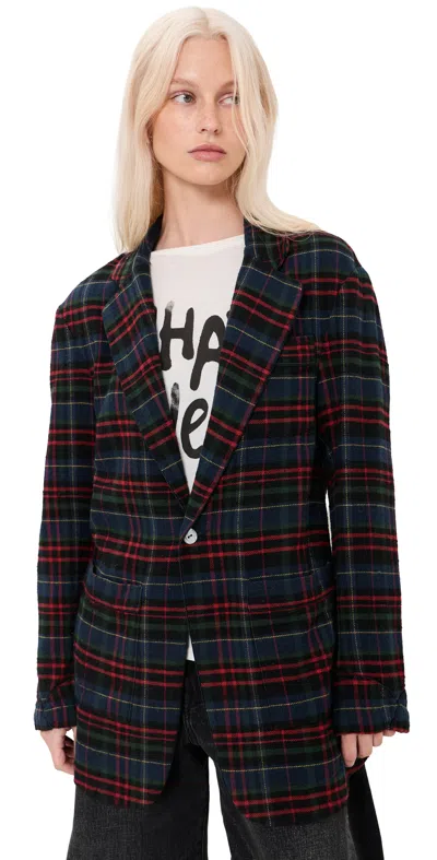 R13 Ragged Blazer Navy Green Red Plaid In Multi
