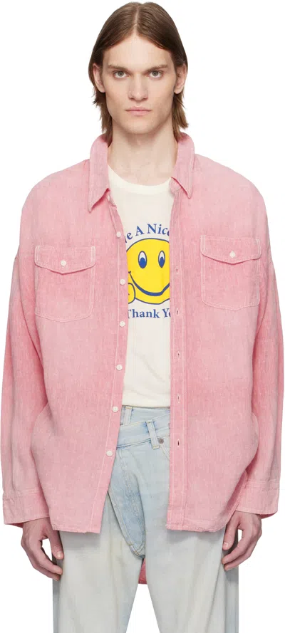R13 Red Drop Neck Work Shirt In Coral Linen Chambray