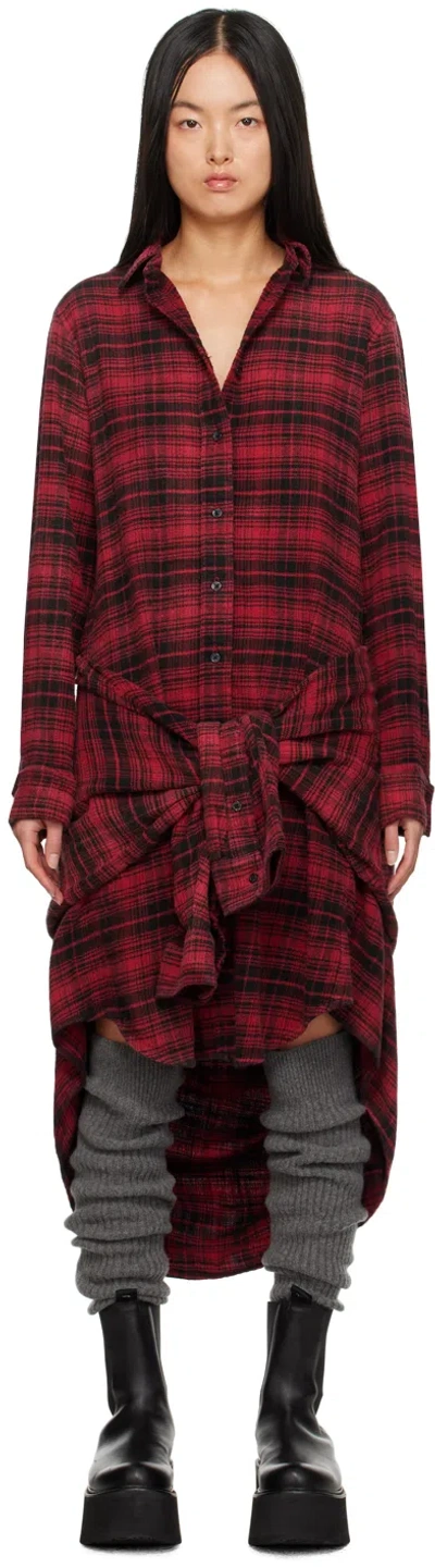 R13 Red Tie Midi Dress In Red/black Plaid