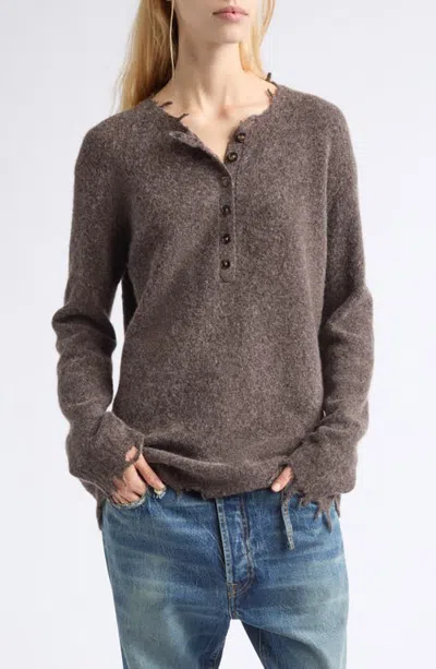 R13 Relaxed Distressed Henley Sweater In Brown