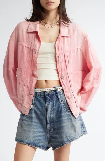 R13 Relaxed Pleated Linen Trucker Jacket In Coral Linen Chambray