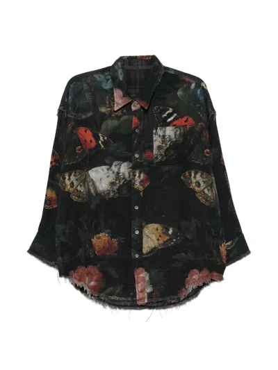 R13 Reversible Butterfly-print Frayed Shirt In Black