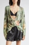 R13 Boyfriend Distressed Floral-print Linen Cardigan In Green