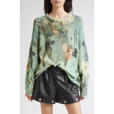 R13 Ripped Floral Oversize Cotton Sweater In Blue