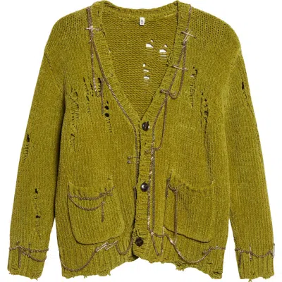 R13 Safety Pin Chain Detail Ripped Cotton Cardigan In Green