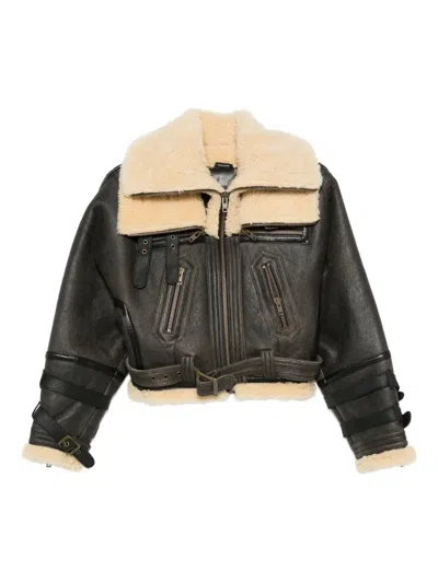 R13 Shearling-collared Belted Jacket In Black