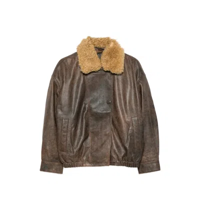 R13 Lambskin With Fur Collar Bomber Jacket In Brown