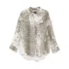 R13 Shredded Seam Drop Neck Leopard Print Button-up Shirt In Beige