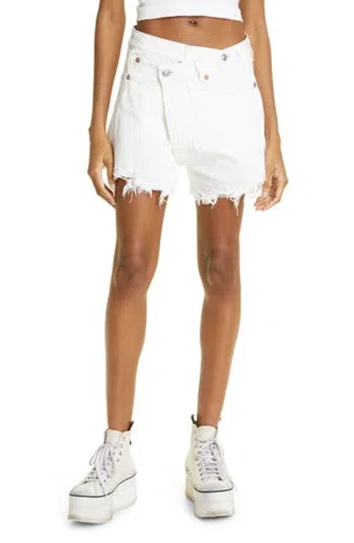R13 Shredded Crossover Denim Shorts In White