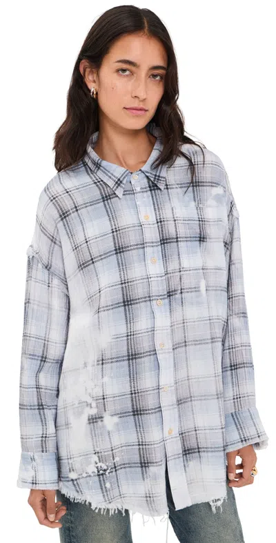 R13 Shredded Seam Button Down Shirt Blue Bleached Plaid