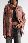 R13 Shredded Seam Drop Neck Plaid Flannel Button-up Shirt In Bleached Out Red Plaid