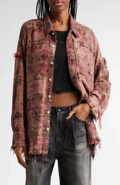R13 Shredded Seam Drop Neck Plaid Flannel Button-up Shirt In Bleached Out Red Plaid