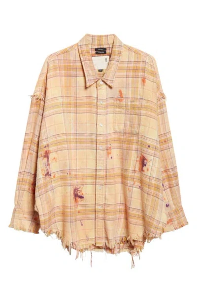 R13 Shredded Seam Drop Neck Plaid Flannel Button-up Shirt In Neutral
