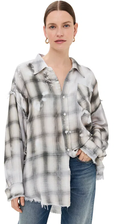 R13 Shredded Seam Drop Neck Shirt Bleached Grey Plaid