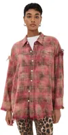 R13 Shredded Seam Drop Neck Plaid Flannel Button-up Shirt In Bleached Out Red Plaid