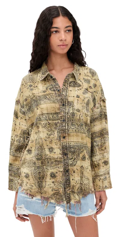R13 Shredded Seam Drop Neck Shirt Khaki Bandana Black Overprint