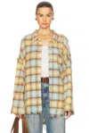 R13 Shredded Seam Drop Neck Plaid Flannel Button-up Shirt In Light Blue & Yellow Plaid