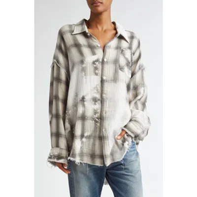 R13 Shredded Seam Oversize Bleached Plaid Cotton Gauze Button-up Shirt In Bleached Grey Plaid