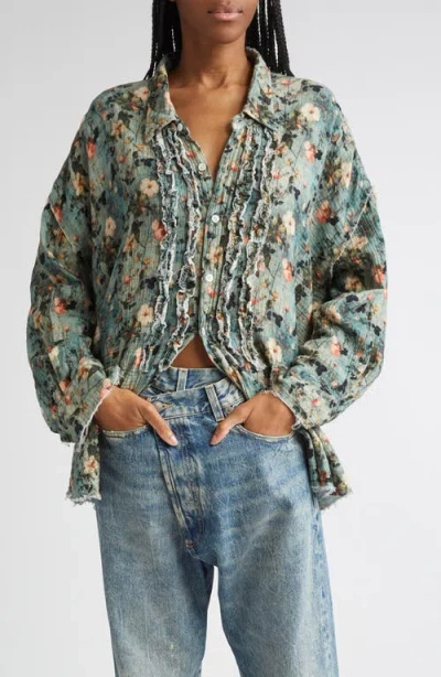 R13 Shredded Seam Ruffle Button-up Shirt In Blue