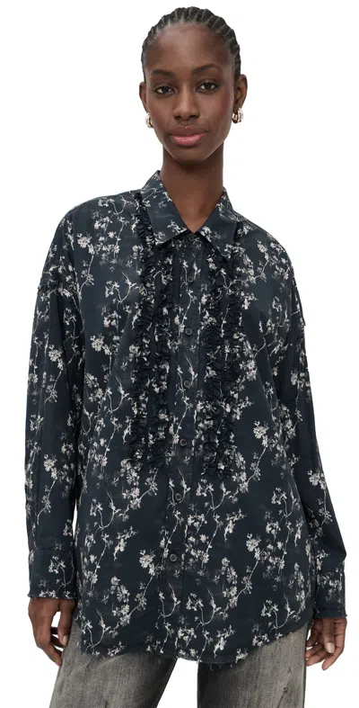 R13 Shredded Seam Ruffle Shirt Floral On Black In Blue