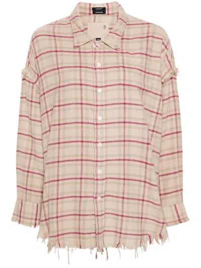 R13 Shredded Seam Plaid Oversize Cotton Flannel Button-up Shirt In Ecru/pink Plaid