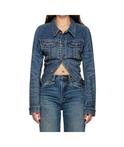 R13 Skinny Wrap Around Denim Trucker Jacket In Blue