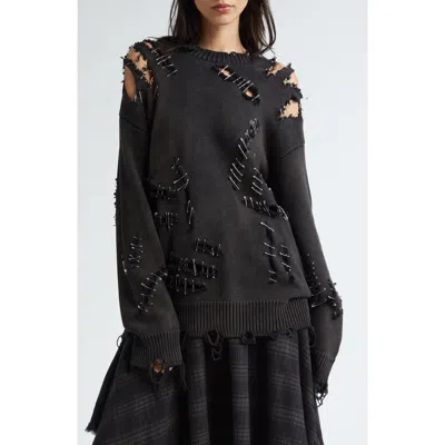 R13 Slashed Cotton Sweater In Black With Pins