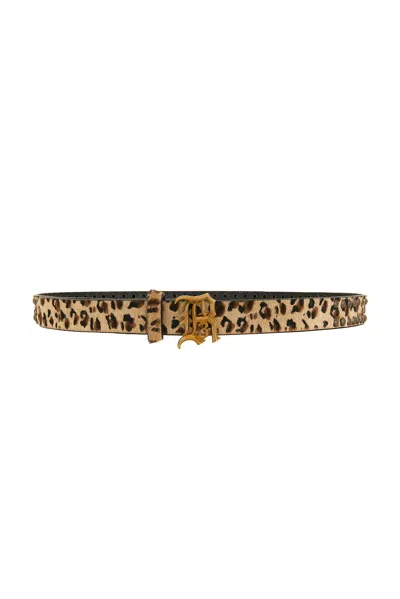 R13 Slim Logo Belt With Brass Dome Studs In Brown Leopard Pony Hair & Brass Dome Stu