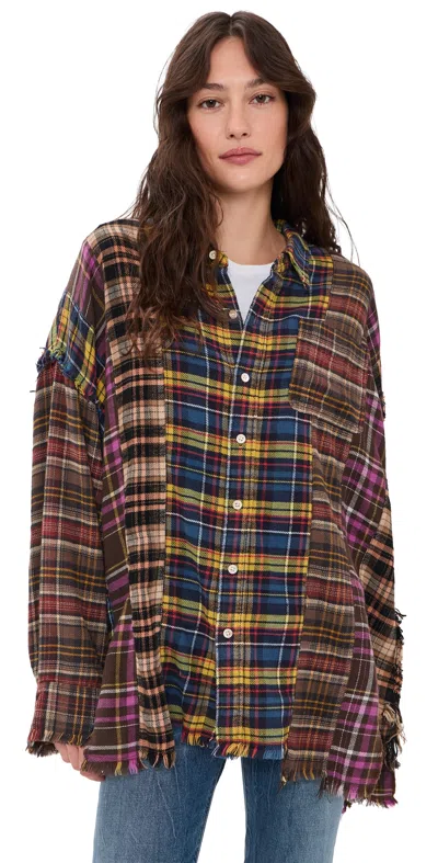 R13 Spliced Drop Neck Button Down Shirt Blue Multi Plaid