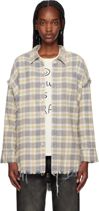 R13 Ssense Exclusive Off-white & Yellow Shredded Seam Drop Neck Shirt In Cream/blue Plaid
