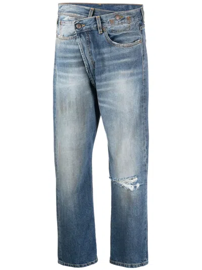 R13 Stonewashed Asymmetric Cropped Jeans In Blue