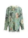 R13 Ripped Floral Oversize Cotton Sweater In Green