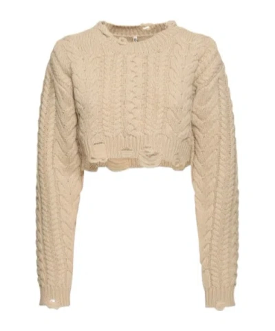 R13 Distressed Wool Cable Knit Crop Sweater In Brown