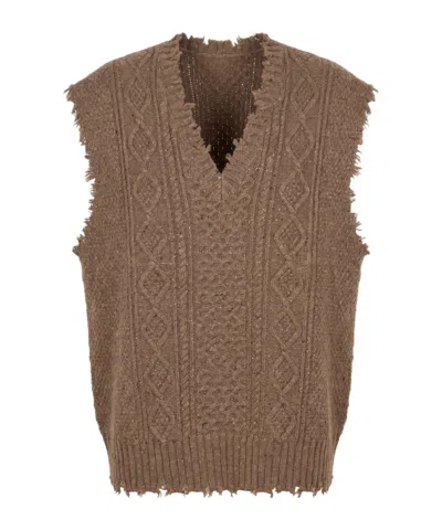 R13 V-neck Frayed Edge Top In Brown