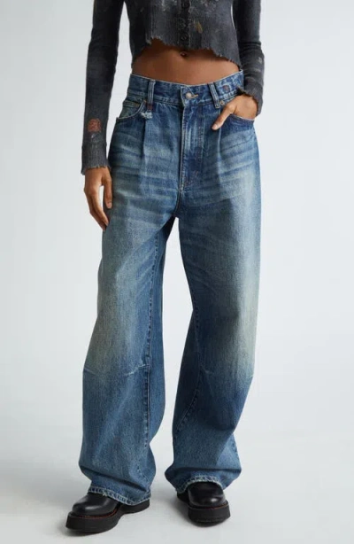 R13 Wayne Distressed Pleated Wide Leg Jeans In Dawson Blue