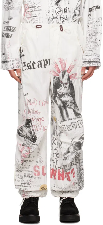 R13 White Balloon Army Trousers In Doodles On White