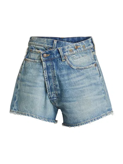R13 Women's Crossover Asymmetric Washed-denim Shorts In Blue