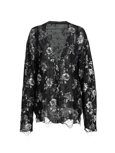 R13 Women's Floral-print Linen Boyfriend Cardigan In Black
