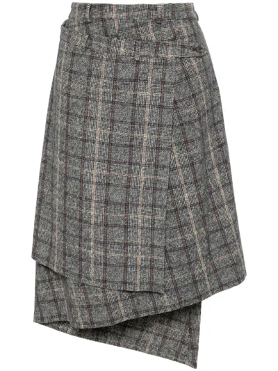 R13 Gray Wrap Midi Skirt In R432a Grey Plaid