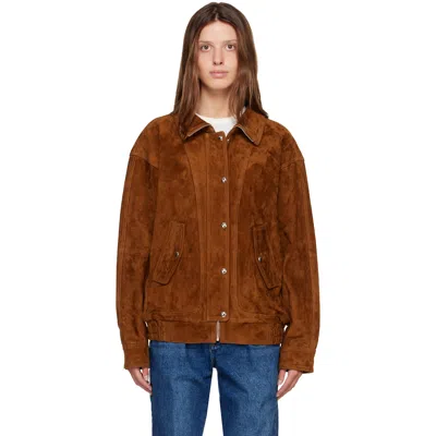 R2w Brown Zelan High Neck Suede Jacket In Caramel Brown