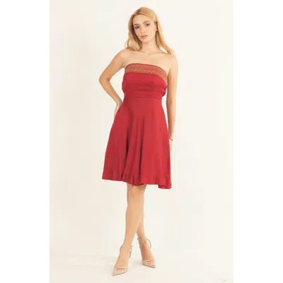 Raas Cerise Jacquard Border Strapless Mini Dress In Red