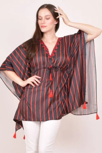 Raas Floral Embroidered Stripe Drawstring Kaftan Top In Multi
