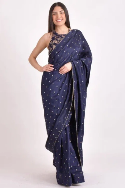 Raas Jacquard Floral Pre-pleated Saree With Halter Blouse In Blue