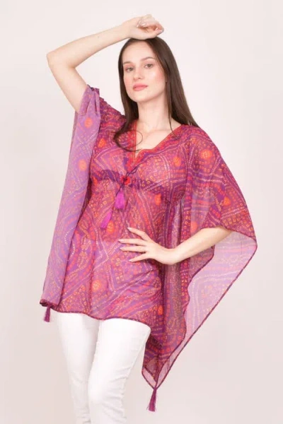 Raas Mirror Embroidered Bandhani Georgette Kaftan Top In Pink