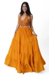 Raas Neale Embroidered Tiered Halter Gown