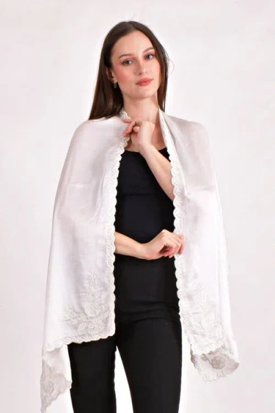 Raas Resham & Pearl Hand Embroidered Viscose Scarf In White