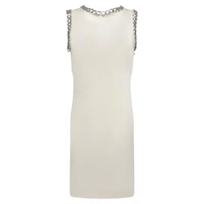 Pre-owned Rabanne 1990s Paco  Off-white Stretch Satin Metal Ring Trim Dress In Sand