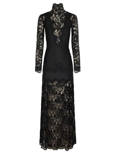 Rabanne Abito Lungo In Pizzo E Jersey In Black